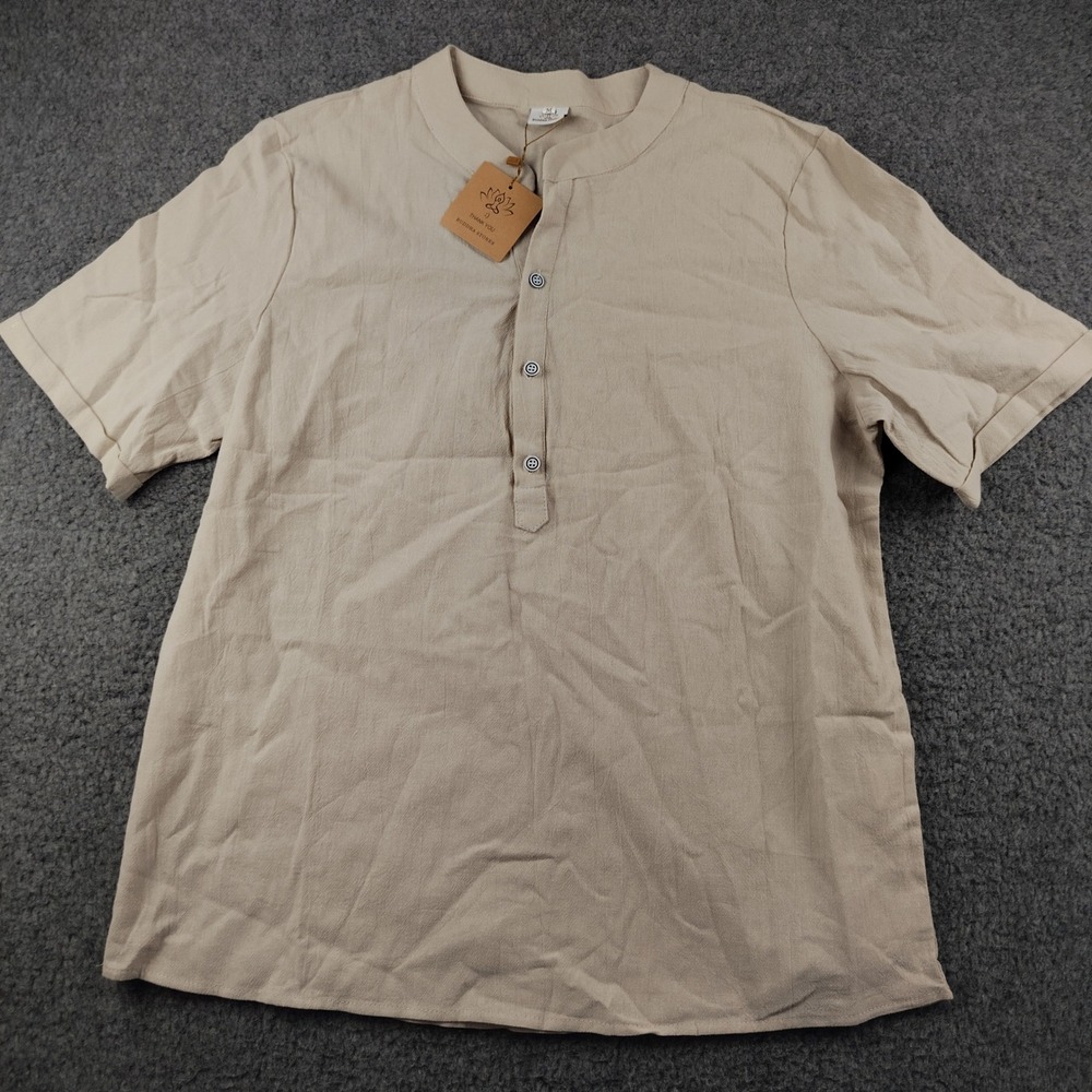 Buddha Stones Linen Blend Shirt Mens Medium Henley Tan Short Sleeve NWT